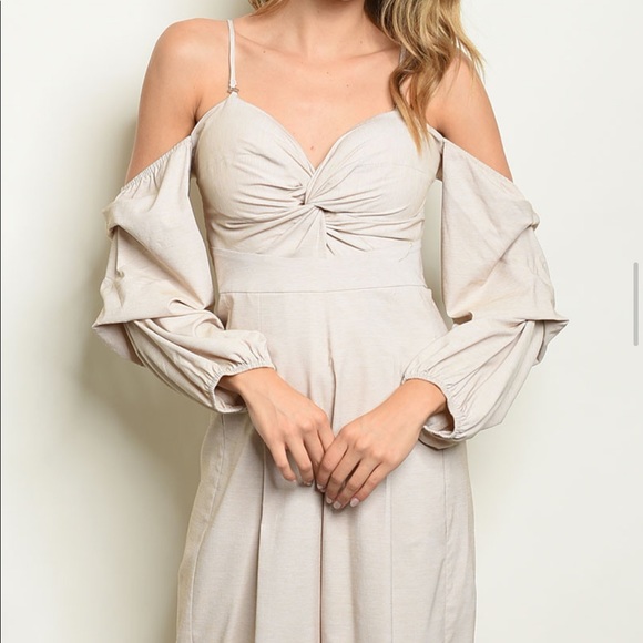 Brand New Chic Taupe Long Sleeve Unique Jumpsuit - Picture 3 of 7